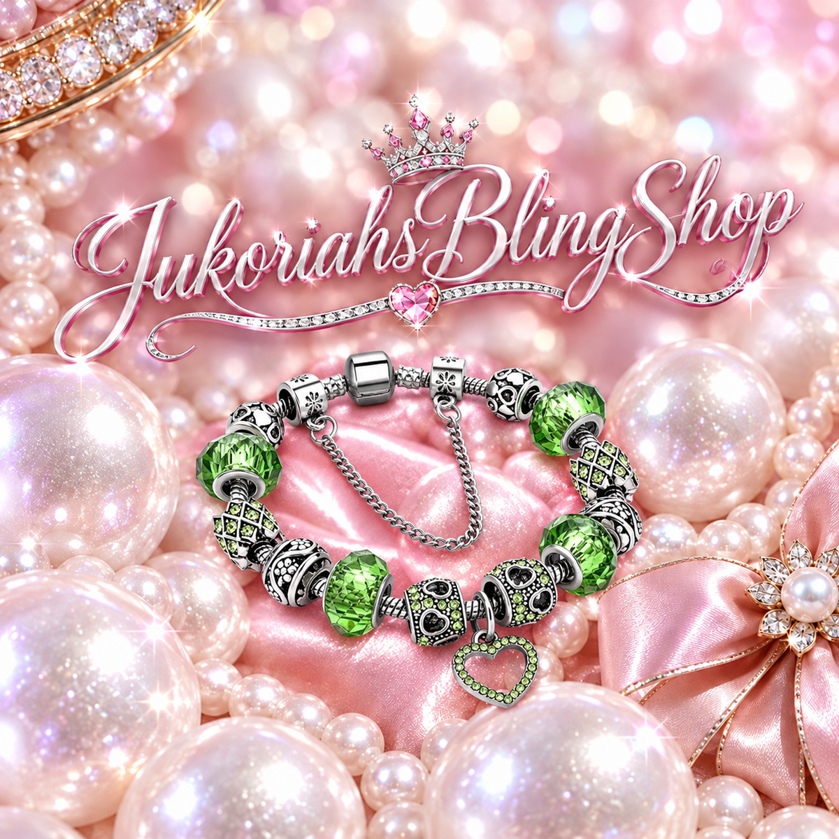 Bling Crystal Green Heart Love Vintage Charm Bracelet