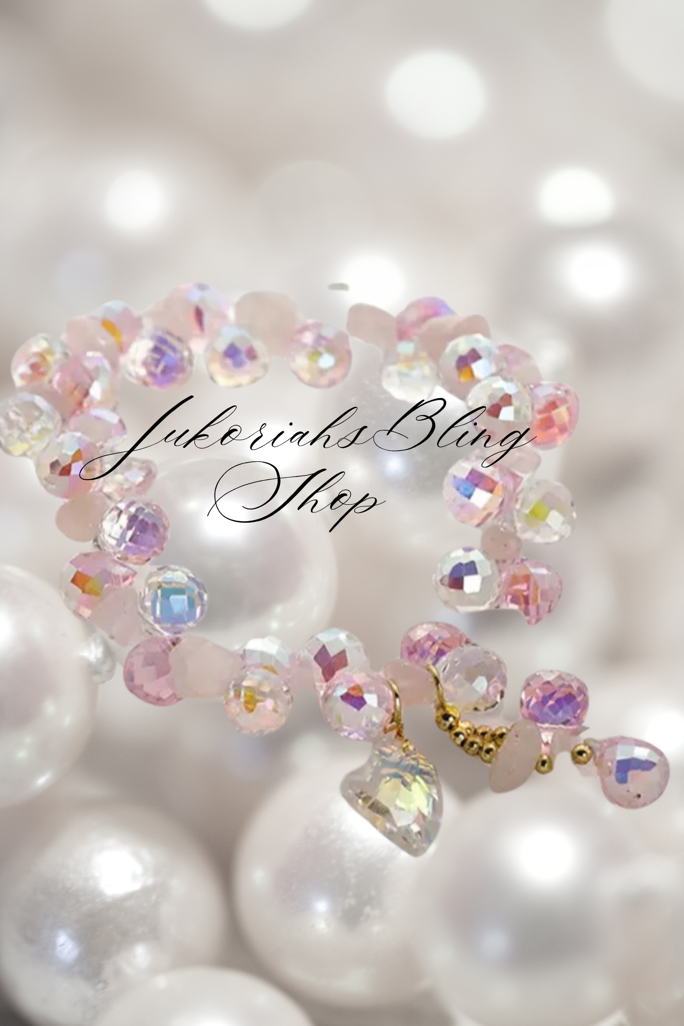Pink Crystal Iridescent Beaded Charm Bracelet