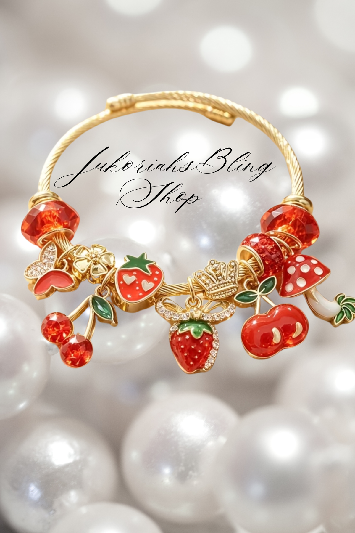 Bling Strawberry Cherry Love Charm Bracelet